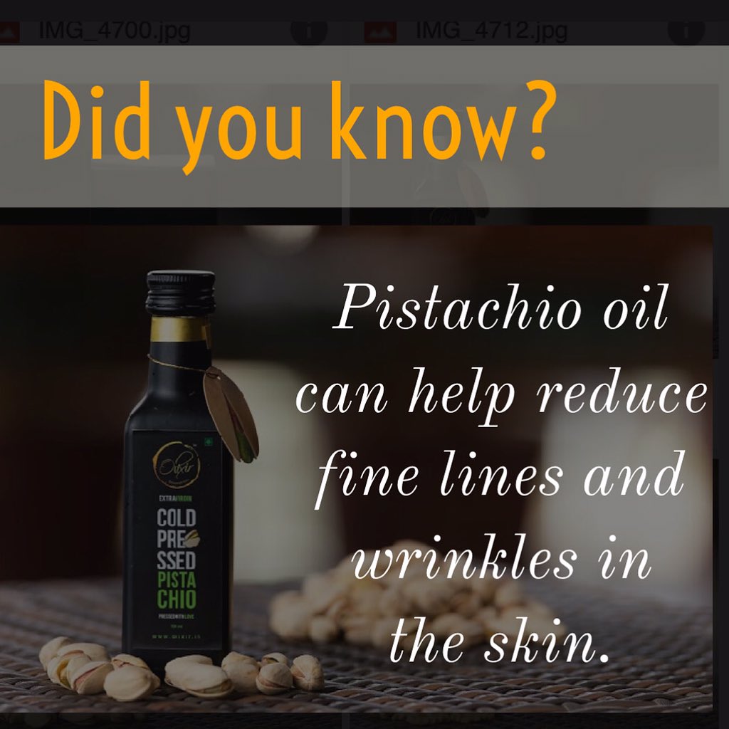 OlixirOils's tweet photo. 5-10 drops of pistachio Oil on your face along with @olixirofficial almond oil in your face pack can lead to reduction in wrinkles and give healthy growth to your cells
#OlixirOils #coldpressedoil #FunFact https://t.co/IPvrswOCDA