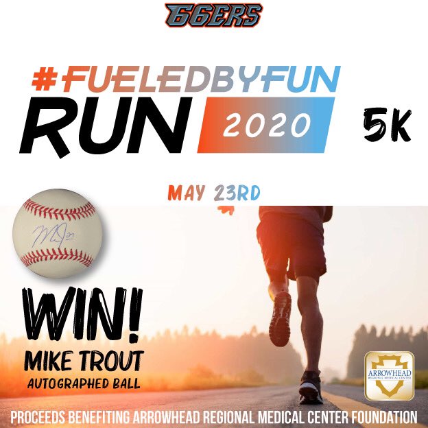 66ersBaseball's tweet photo. ICYMI: Join us for a virtual 5k
#FueledByFun Run, with proceeds benefiting the @ArrowheadRMC foundation!
Every entry gets you entered to win a Mike Trout signed ball. #WeTheIE #MikeTrout #Angels #Halos
For more info or to sign up ➡️ https://t.co/6yAOJh4P0Z… https://t.co/wi72WoY10q