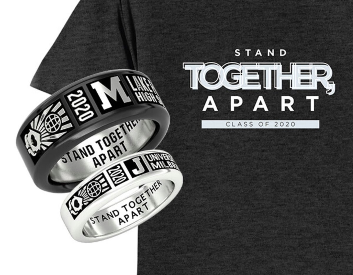 Jostens's tweet photo. We may physically be apart, but graduation brings us together. Celebrate the Class of 2020's spirit and solidarity with #StandTogetherApart t-shirts & rings > https://t.co/orkU3IF5bm #Graduation2020 https://t.co/9HWe3Ck7oq
