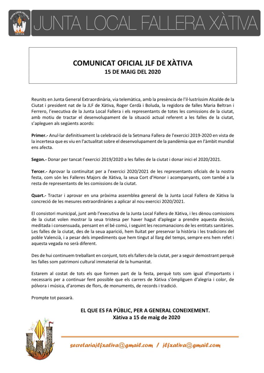 JLFXATIVA's tweet photo. Comunicat oficial JLF de Xàtiva.
15 de maig de 2020. https://t.co/IjnYLxCcvj