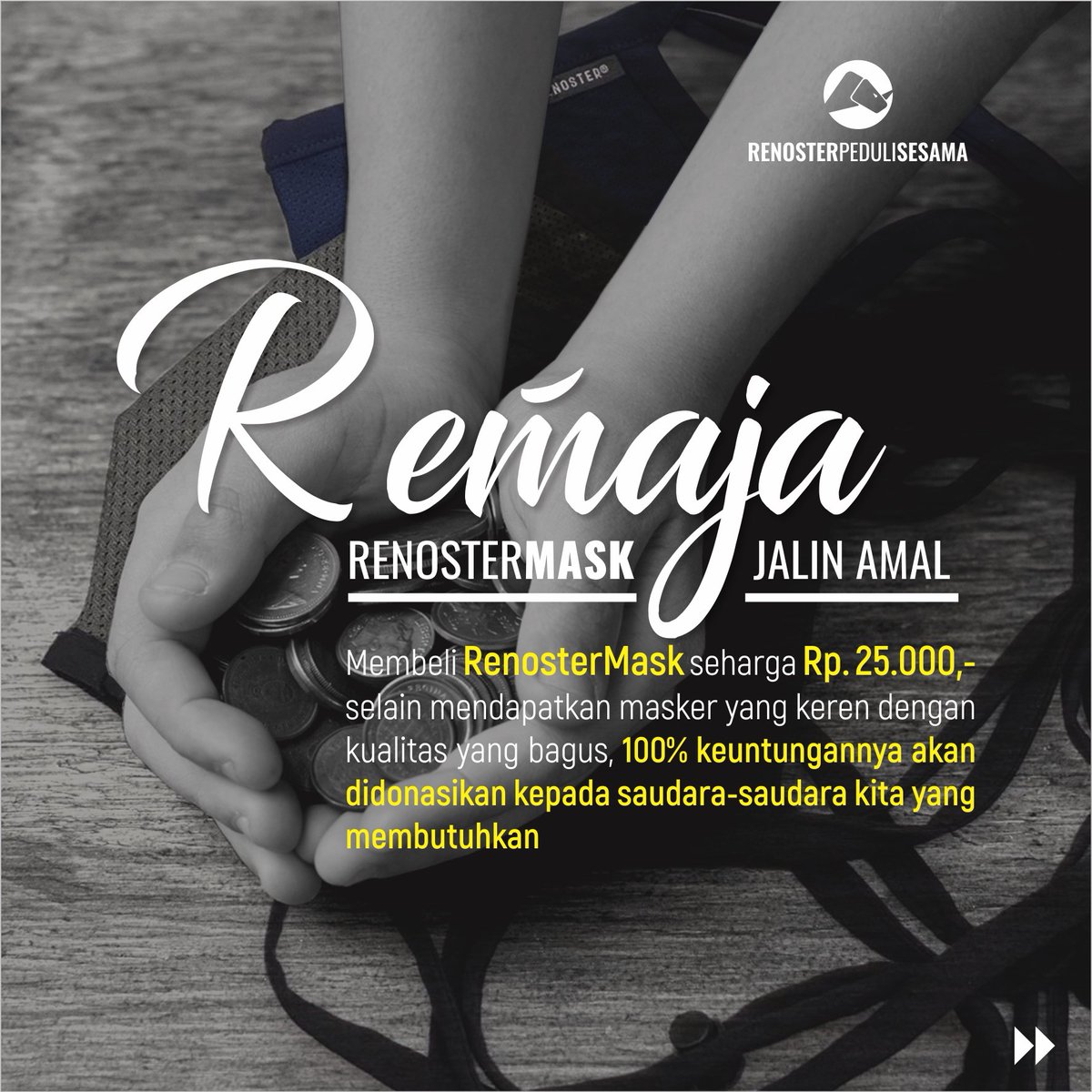 Renoster_ID's tweet photo. Dengan melakukan pembelian Renoster MASK melalui  https://t.co/3THyJfgvoL kamu tidak hanya akan mendapatkan masker yang keren dengan kualitas baik akan tetapi kamu juga sudah ikut berdonasi karena 100% keuntungan dari penjualannya akan kami donasikan melalui program REMAJA. https://t.co/LmuUFGxBRa