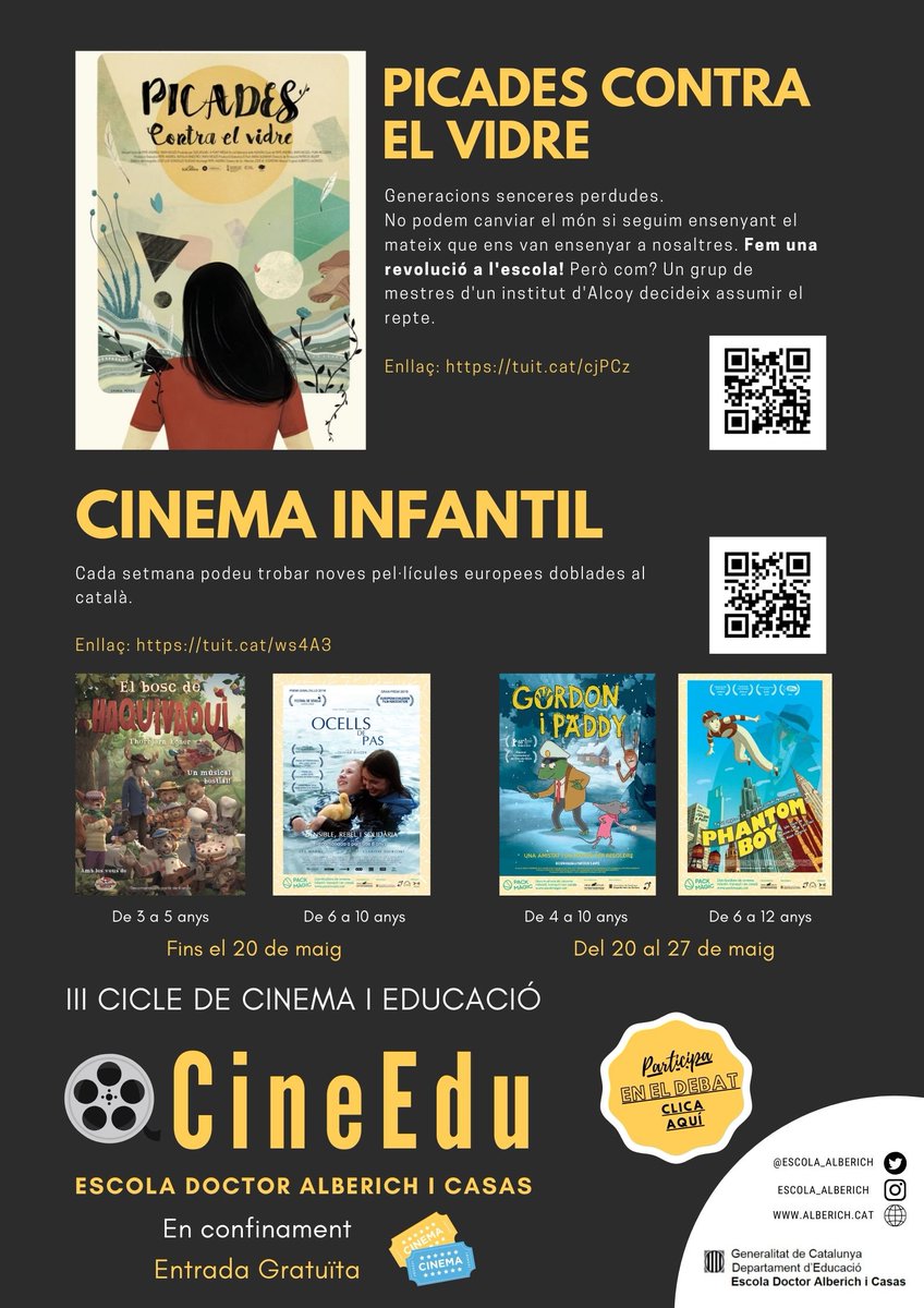 Us agrada el #Cinema? 📽️🍿🎟️. Compartim amb les famílies #CineEdu, III Cicle de Cinema i educació, aquesta vegada en #Confinament. Animeu-vos a veure bon cinema, gràcies a
@apunt_media @beteve @PackMagic_ 🎞️🌈🦠