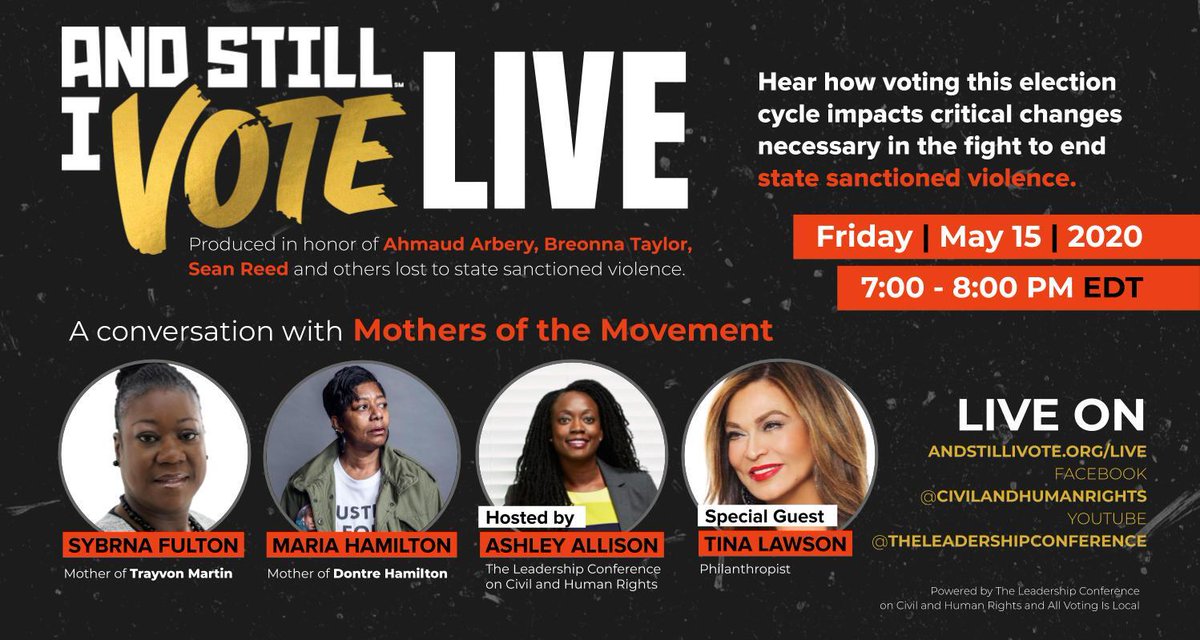 Graphic promotes a live event tonight, produced in honor of Ahmaud Arbery, Breonna Taylor, Sean Reed, and others lots to state sanctioned violence. The event is tonight at 7pm ET. The graphic shows images of the participants and shows links to where it will be streaming. It also says "Hear how voting this election cycle impacts critical changes necessary in the fight to end state sanctioned violence."