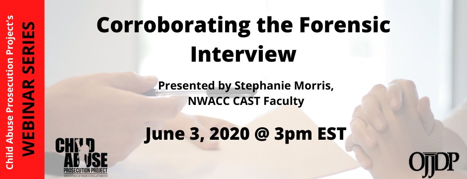 JOIN US 6/3/20 at 3pm ET for a CAPP Webinar training! This session will provide practical tips and suggestions for working as a Multi-Disciplinary Team to corroborate a forensic interview so the professionals can do the heavy lifting. 

Register here: adobe.ly/3dMmkaG