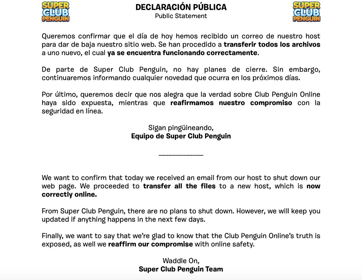 SupportSCP's tweet image. PUBLIC STATEMENT 

superclubpenguin.com