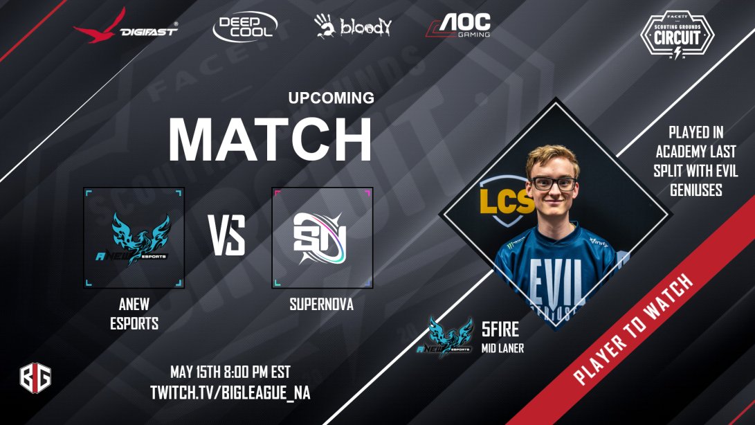 Only a few hours left until tonight match up!

<a href="/ANEWesports/">ANEW Esports</a>
 V.S 
<a href="/GG_SUPERNOVA/">Supernova</a>

Casted by <a href="/Kahts_/">Justin Fairchild</a> &amp; @ChillingWok

Match begins at 5pm PST / 8pm EST

Link: twitch.tv/bigleague_na

#BIGLeague #StreamGiveaway