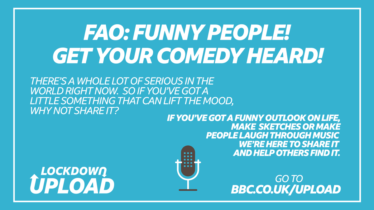Sketches, character comedy, parody songs, funny poems... even ENTIRE mini-sitcoms!!

The comedy that you've been uploading for Lockdown Upload is just incredible! 

If you haven't uploaded yet, give it a go 👏

👉bbc.co.uk/upload