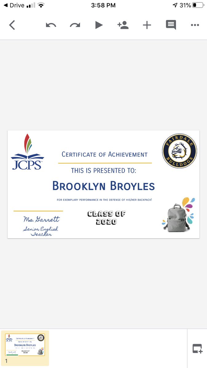 teach1999's tweet photo. Congratulations on all of your hard work Brooklyn Broyles! Great work on your Backpack Defense! https://t.co/nlMVBg9Chz