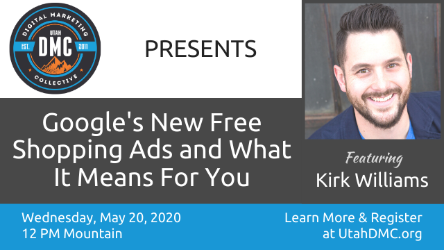 TheUtahDMC's tweet photo. Utah DMC is Back, and we are moving online! Join us for our first online event May 20 at 12PM Mountain featuring Kirk Williams (@PPCKirk).  Learn more and RSVP here https://t.co/45rWrR7rHf #UtahDMC #PPC #GoogleShopping #DMCOnline https://t.co/XsMxR3oXZt