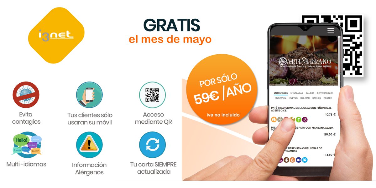 Guía de Cádiz (@guiadecadiz) on Twitter photo Diseñamos tu carta digital para que tus clientes accedan a ella desde sus móviles a través de un código QR
Por solo 59 € al año + IVA incluimos los primeros 50 registros (platos o bebidas) con sus precios
Llama al 956 21 02 02 o envía un correo a contacto@i3net.es Diseñamos tu carta digital para que tus clientes accedan a ella desde sus móviles a través de un código QR
Por solo 59 € al año + IVA incluimos los primeros 50 registros (platos o bebidas) con sus precios
Llama al 956 21 02 02 o envía un correo a contacto@i3net.es