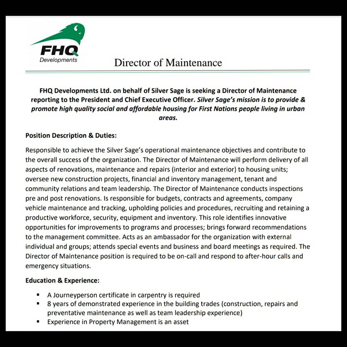 FHQDev's tweet image. FHQ Dev. &amp;amp; Tokata HR Solutions on behalf of Silver Sage is seeking a Director of Maintenance. Visit fhqdev.com. to fill out our online application system by creating a candidate profile.
Submit by: May 31, 2020

#FHQdev #TokataHRSolutions #applyonline #maintenance