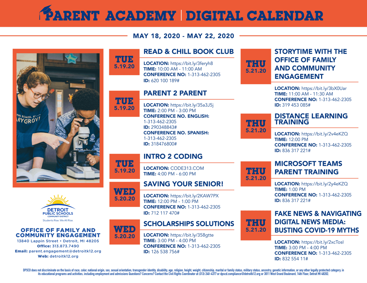 Parent Academy will be hosting 3 sessions on May 19. Make sure to attend the "Read &amp; Chill Book Club on Tues. May 19 at 10 a.m. Families and students can join by phone or web bit.ly/3feryh8 ; (313) 462-2305, 620 100 189#