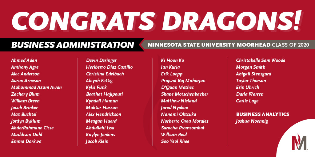 MSUMoorhead's tweet image. Congratulations, Business Administration grads! @MSUMPaseka #MSUM2020