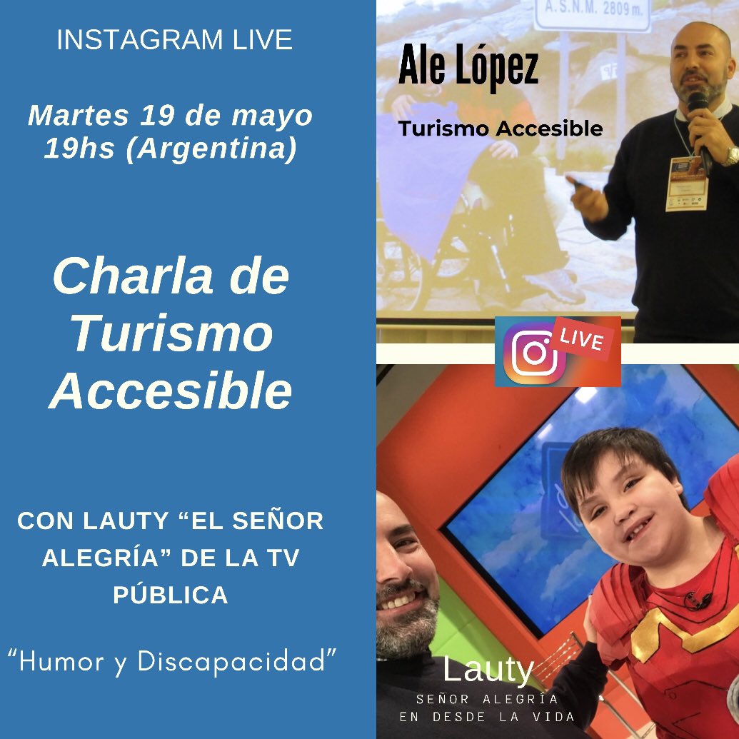 alelopez74's tweet photo. Para que vayan agendando los IG Live de #TurismoAccesible confirmados de la semana que viene:

✅ Martes 19/5 - 19hs con Lauty “Humor y Discapacidad”

✅ Jueves 21/5 19hs con Marce Varela - Presidente de ASDRA.

La inclusión ♿️ es posible 💪 si la hacemos unidos! https://t.co/3guJpew9QL