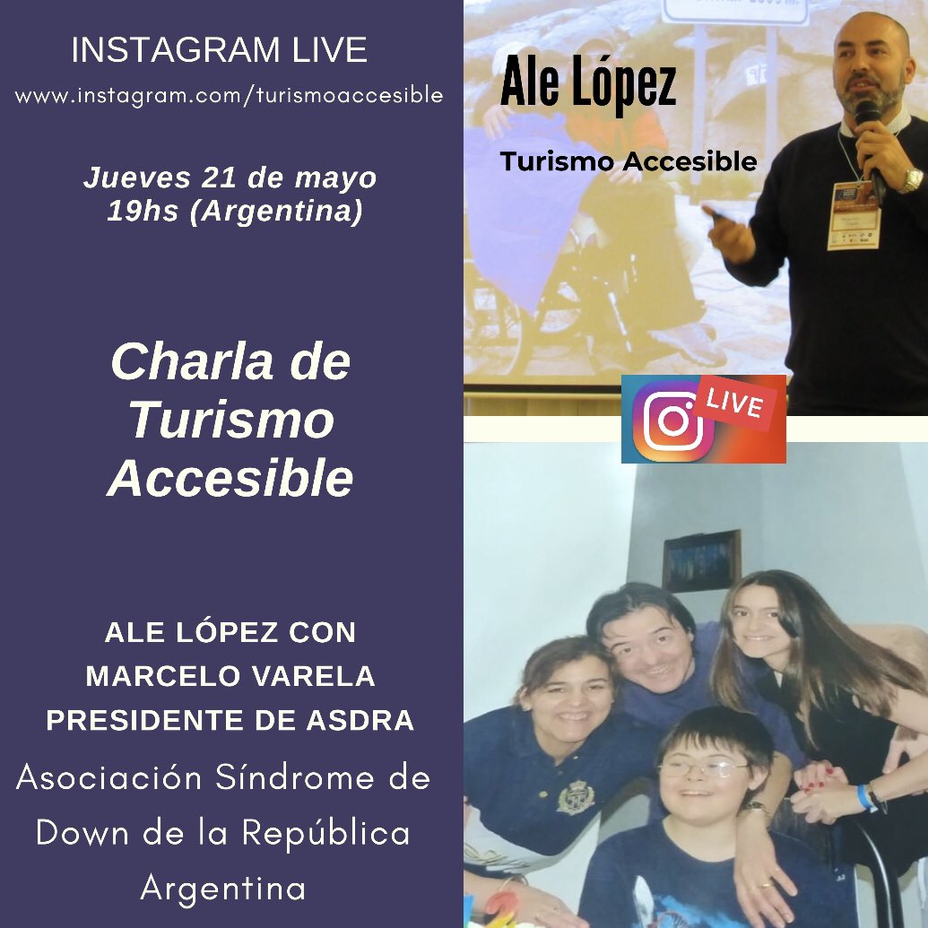 alelopez74's tweet photo. Para que vayan agendando los IG Live de #TurismoAccesible confirmados de la semana que viene:

✅ Martes 19/5 - 19hs con Lauty “Humor y Discapacidad”

✅ Jueves 21/5 19hs con Marce Varela - Presidente de ASDRA.

La inclusión ♿️ es posible 💪 si la hacemos unidos! https://t.co/3guJpew9QL