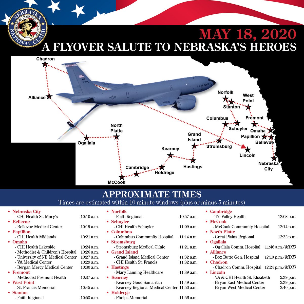 Our Flyover Salute to Nebraska's Heroes responding to the #COVID19 pandemic is now rescheduled for Monday, May 18, and will now include more than 30 hospitals spanning nearly the entirety of the state. #AmericaStrong #AirForceSalutes  #AFFlyover #NEGuard
