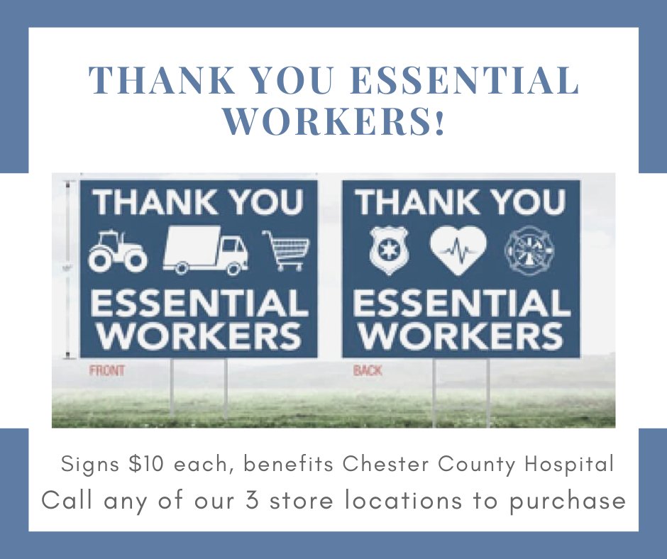 BobWagners's tweet photo. Signs are still available to honor our essential workers and support Chester County Hospital First Responder Fund! $10 each. Call our stores to order yours and we'll deliver it to you. https://t.co/lwvo1YOrez https://t.co/1yzjAElRls
