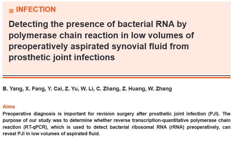 BoneJointRes's tweet photo. JUST PUBLISHED!: Detecting the presence of bacterial RNA by polymerase chain reaction in low volumes of preoperatively aspirated synovial fluid from prosthetic joint infections https://t.co/HzpE431ciM #prostheticjointinfection #bacterialRNA #polymerasechainreaction https://t.co/v2Go4irG2G