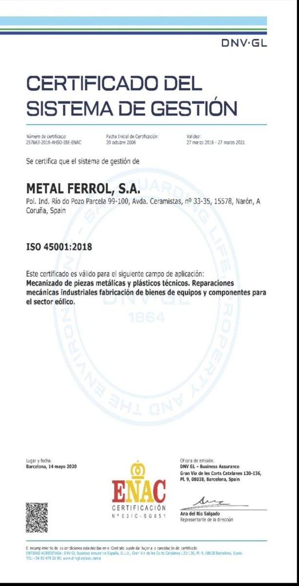 MetalFerrolSA's tweet photo. Hola de nuevo!
Tras pasar la auditoría de nuestro sistema de gestión integrado (CALIDAD, MEDIO AMBIENTE Y PRL) satisfactoriamente y sin "no conformidades" acabamos de recibir hoy mismo nuestro nuevo certificado ISO 45001:2018 y queremos compartirlo con vosotros! https://t.co/5cknEuG1JW