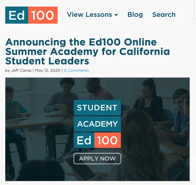ed100_'s tweet photo. Know a great student leader? Share the opportunity:  Ed100 Online Summer Academy for California Student Leaders. 

Apply by June 6. It's Free!
https://t.co/eQAOxASwf0 https://t.co/qNHJkxufua