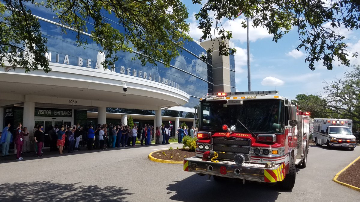 sentarahealth's tweet photo. To close out #HospitalWeek two of our Virginia Beach hospitals were honored with a parade from the @VirginiaBeachFD. We would like to extend a huge thank you to all of our staff, not only this week but every day. Your dedication and hard work do not go unnoticed. #Sentaraheroes https://t.co/EkhqNKltV7