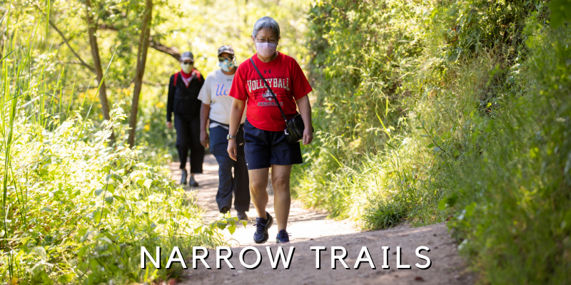 EBRPD's tweet photo. To allow safe passage on narrow trails, families should walk in single file to avoid bunching up. #KeepParksSafe https://t.co/xVlhUnzFzK