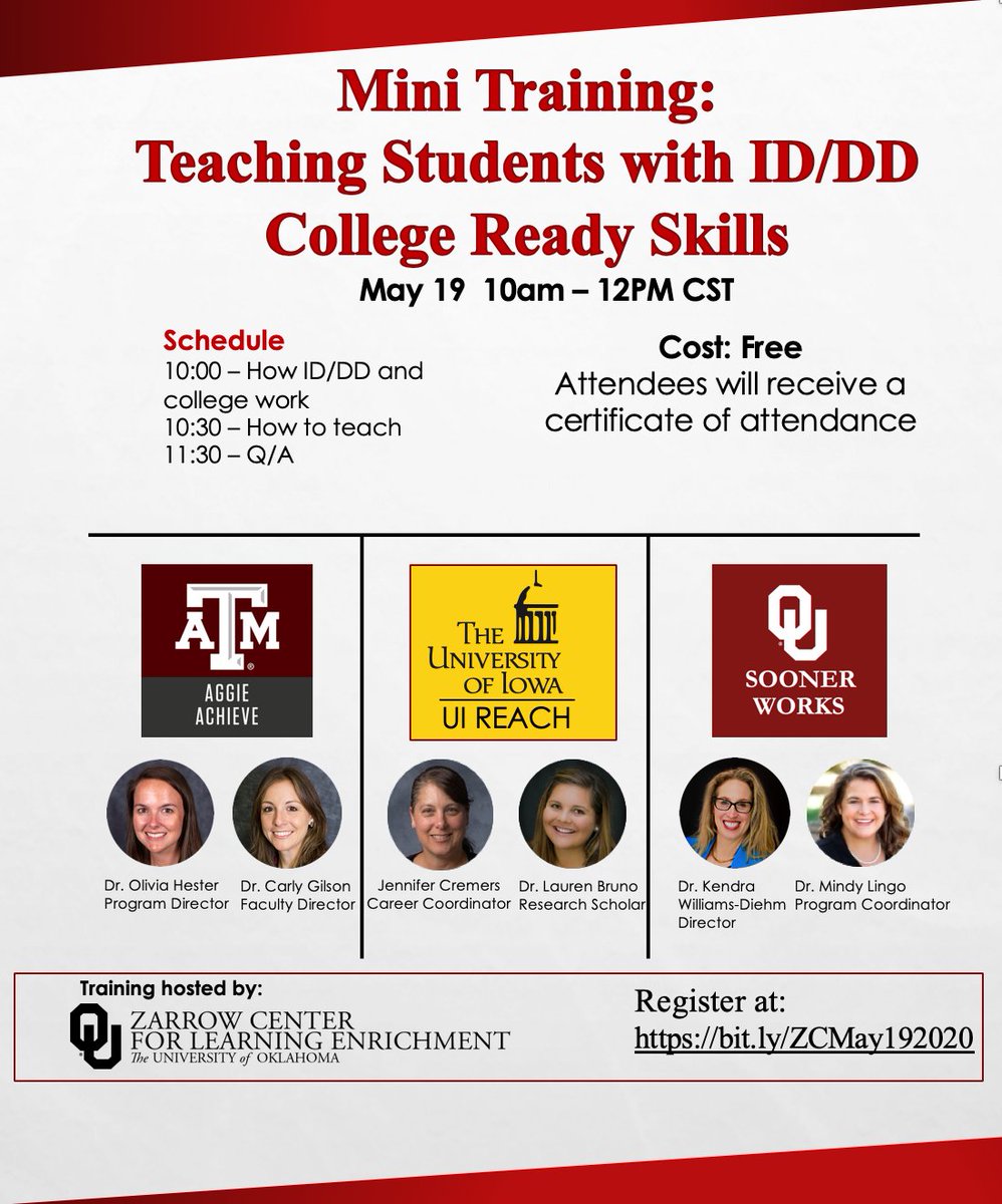 thinkcollegeICI's tweet photo. The @OUZarrowCenter is hosting a free mini training on Teaching Students with ID/DD College Ready Skills on 5/19 from 10am to 12pm (CST). Join us along with representatives from Aggie ACHIEVE , U of Iowa REACH Program and OU Sooner Work. Register here https://t.co/Qcrapk0U3m https://t.co/Iknrqv9X3g