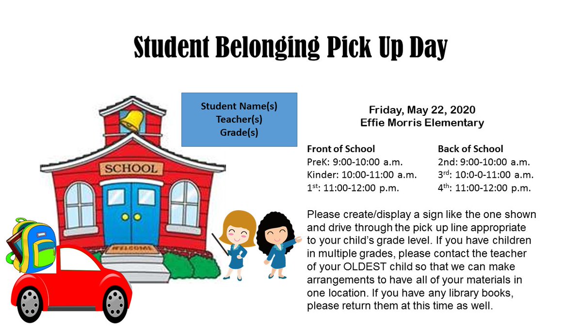 EBullfrogs's tweet photo. Coming up next Friday, May 22- Student Belonging Pick Up. https://t.co/WuokbLPmSs