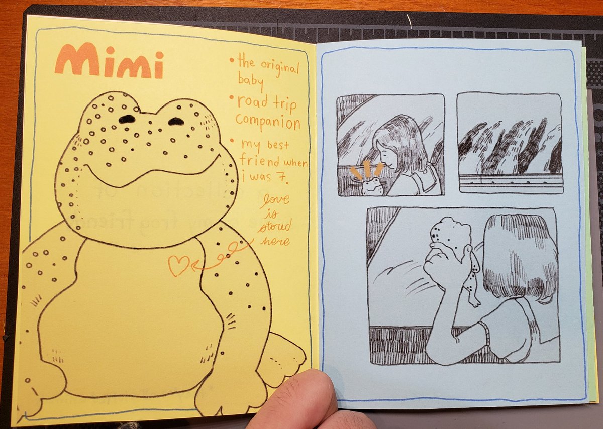 Itty Bitty zine that i made for my final last semester ... its about all the stuffed frogs in my apartment!! (1/2)