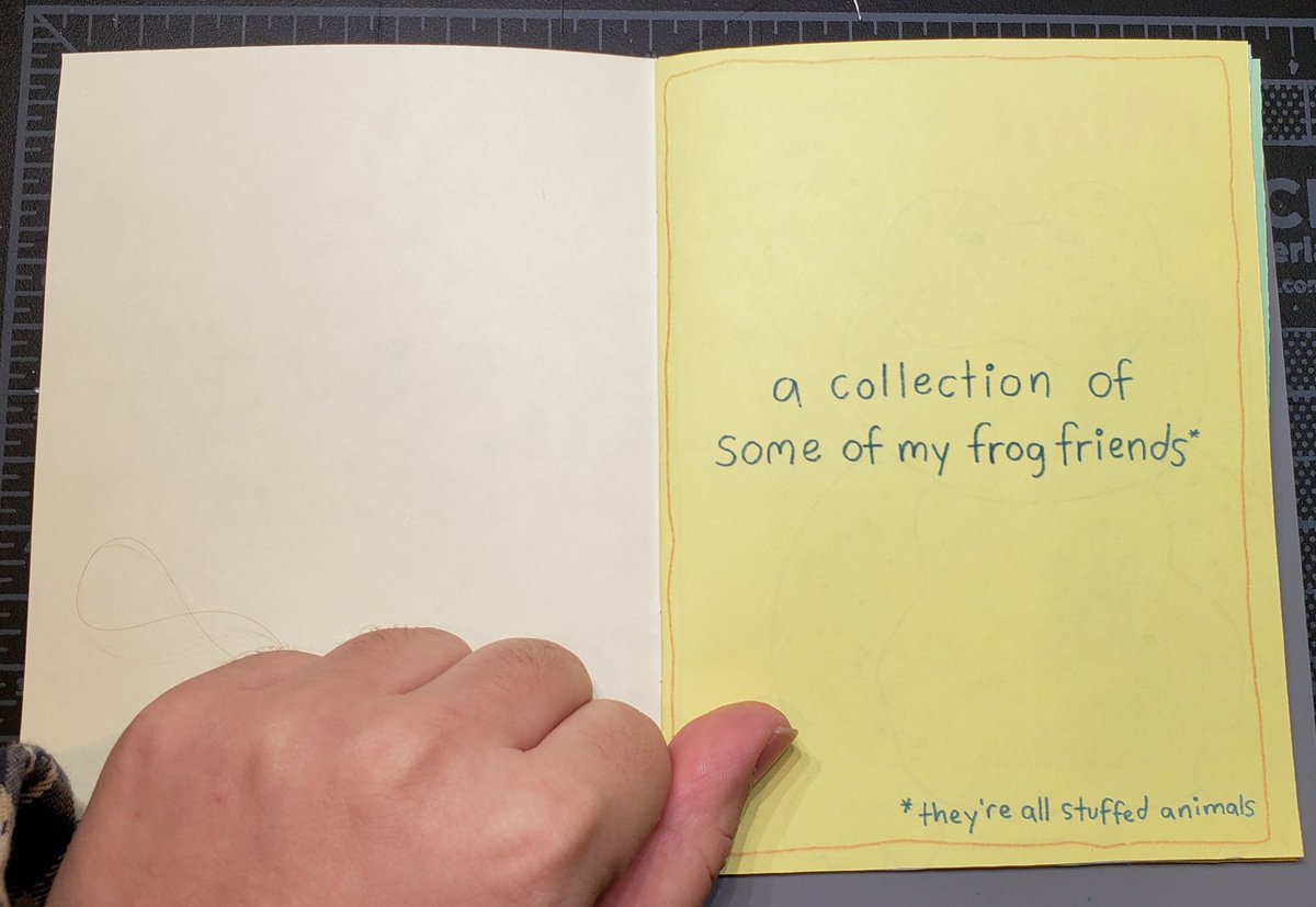 Itty Bitty zine that i made for my final last semester ... its about all the stuffed frogs in my apartment!! (1/2)