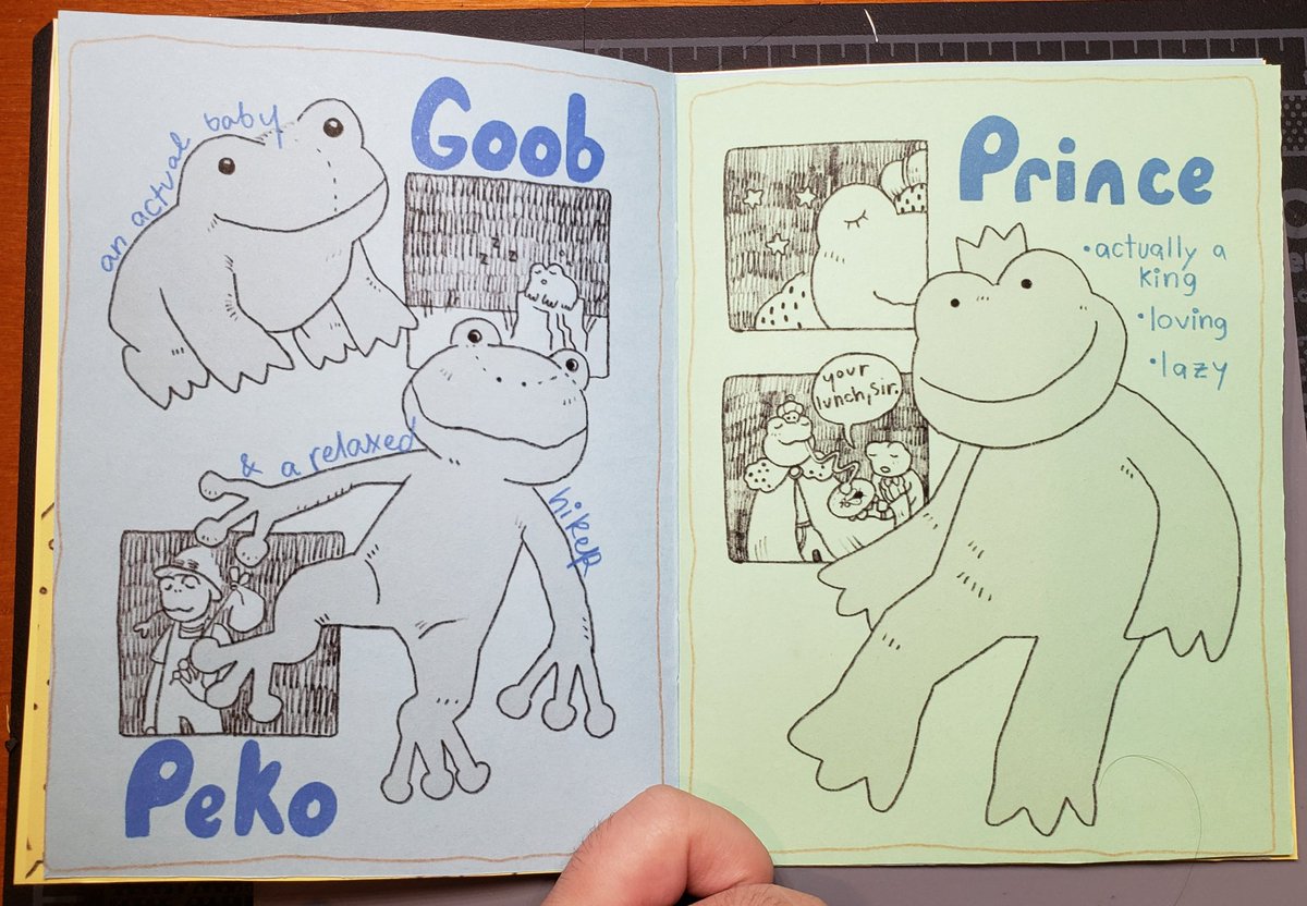 Itty Bitty zine that i made for my final last semester ... its about all the stuffed frogs in my apartment!! (1/2)