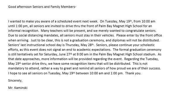 PalmBayMagnetHS's tweet photo. Hello Pirate Community!  Please see this letter from Principal Kaminski.  Have a great weekend! #2020PirateGrad #PiratePride https://t.co/dUHCkjg4eK