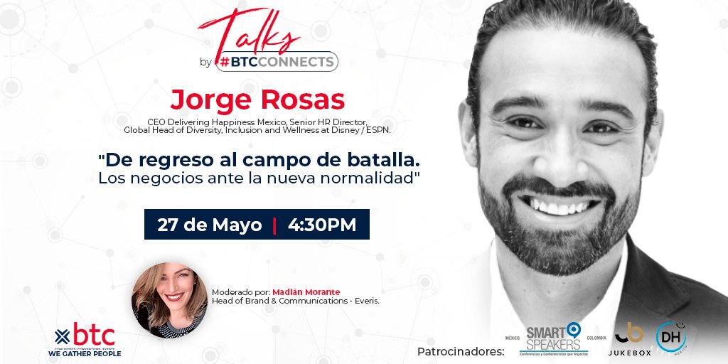 BTCamericas's tweet photo. Ya estamos listos para nuestra 1era BTC talks, este 27 de mayo a las 4:00pm. “De regreso al campo de batalla. Los negocios ante la nueva normalidad".
Ponente: @jorgerosast y Moderador: @MadianMorante
Patrocinadores: Juke Box y @SmartSpeakers
#btcconnects #btctalks #Webinnar https://t.co/IALpTgLdMA