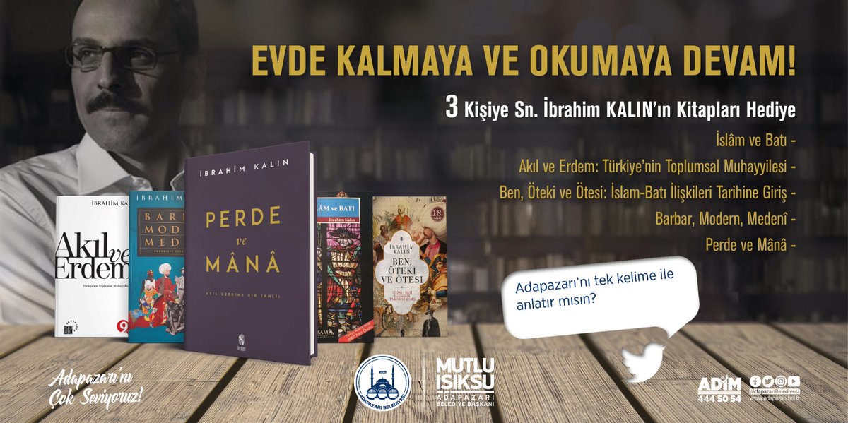 • Adapazarı'nı tek kelime ile anlatır mısın?

✅ @Adapazaribld takip et!
🔃 Gönderiyi RT'le!
💬 Cevabı yorumla ilet ve 3 arkadaşını etiketle!

3 kişiye, Sn. İbrahim Kalın'ın kitapları hediye!

Sonuç; 20 Mayıs!

🗣 Hadi başlayalım! 😊

#AdapazarınıÇokSeviyoruz