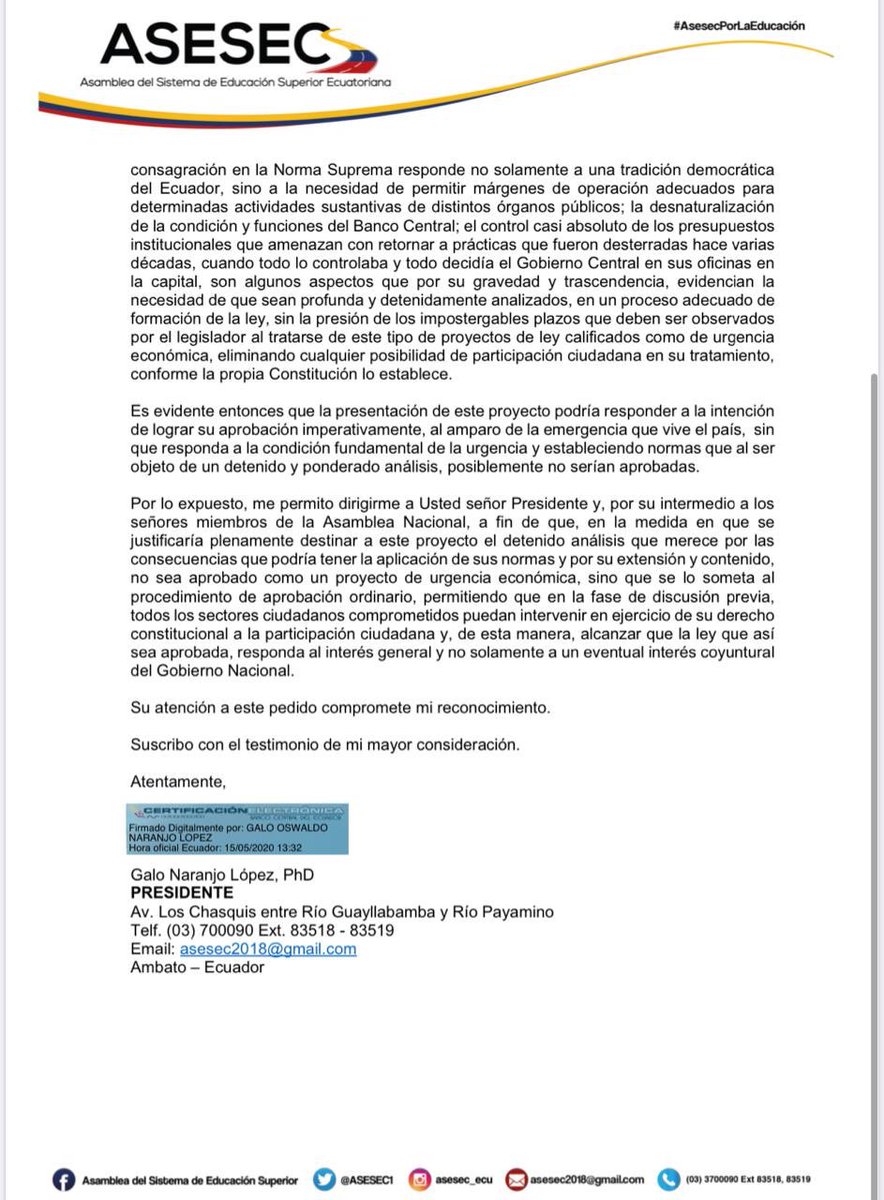 ASESEC1's tweet photo. [#ASESEC]

🖇La Asamblea del Sistema de Educación Superior se pronuncia ante el proyecto de “Ley Orgánica para el ordenamiento de las finanzas públicas” que el Gobierno Nacional ha emitido a la  Asamblea Nacional para su tratamiento. ⬇️
#AsesecPorLaEducación https://t.co/W7MMexr0WV