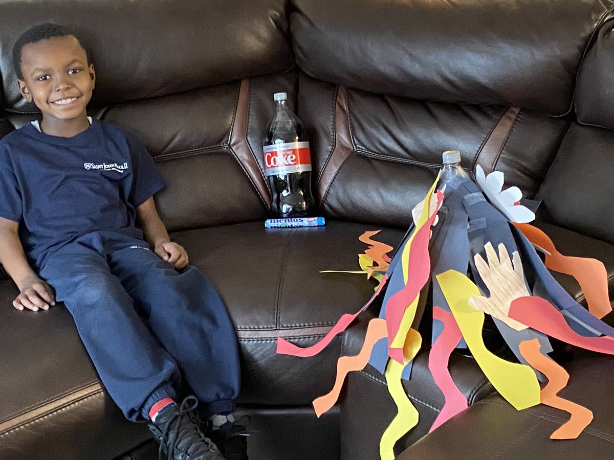 AMilotx12's tweet photo. Today for at-home learning, we have scientist Paeton who made an awesome Diet Coke volcano and found out what happens when you drop some Mentos candy inside! @SJP2CALowerMill https://t.co/m3zMQ7AgsB