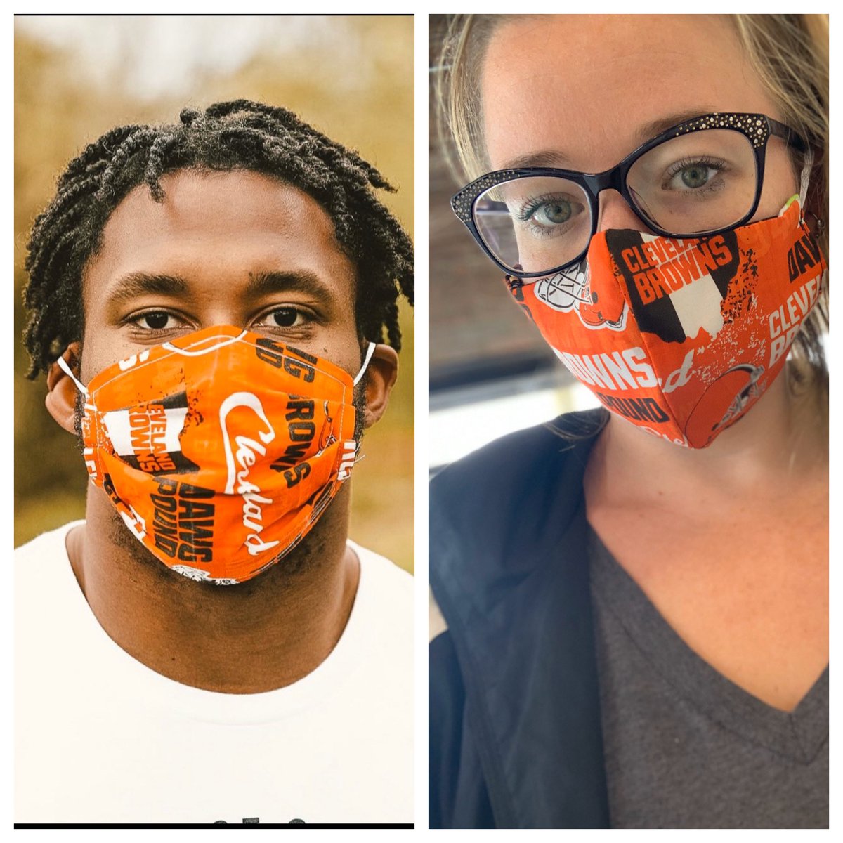 Sammm_87's tweet photo. #twins 😍🤷🏼‍♀️ but @MylesLGarrett  if you want my girl @Terrysaurus to make one that won’t squish your ears.. hit her up 🧡🤎 #customfitmask #browns https://t.co/XtcDV6Z5fl