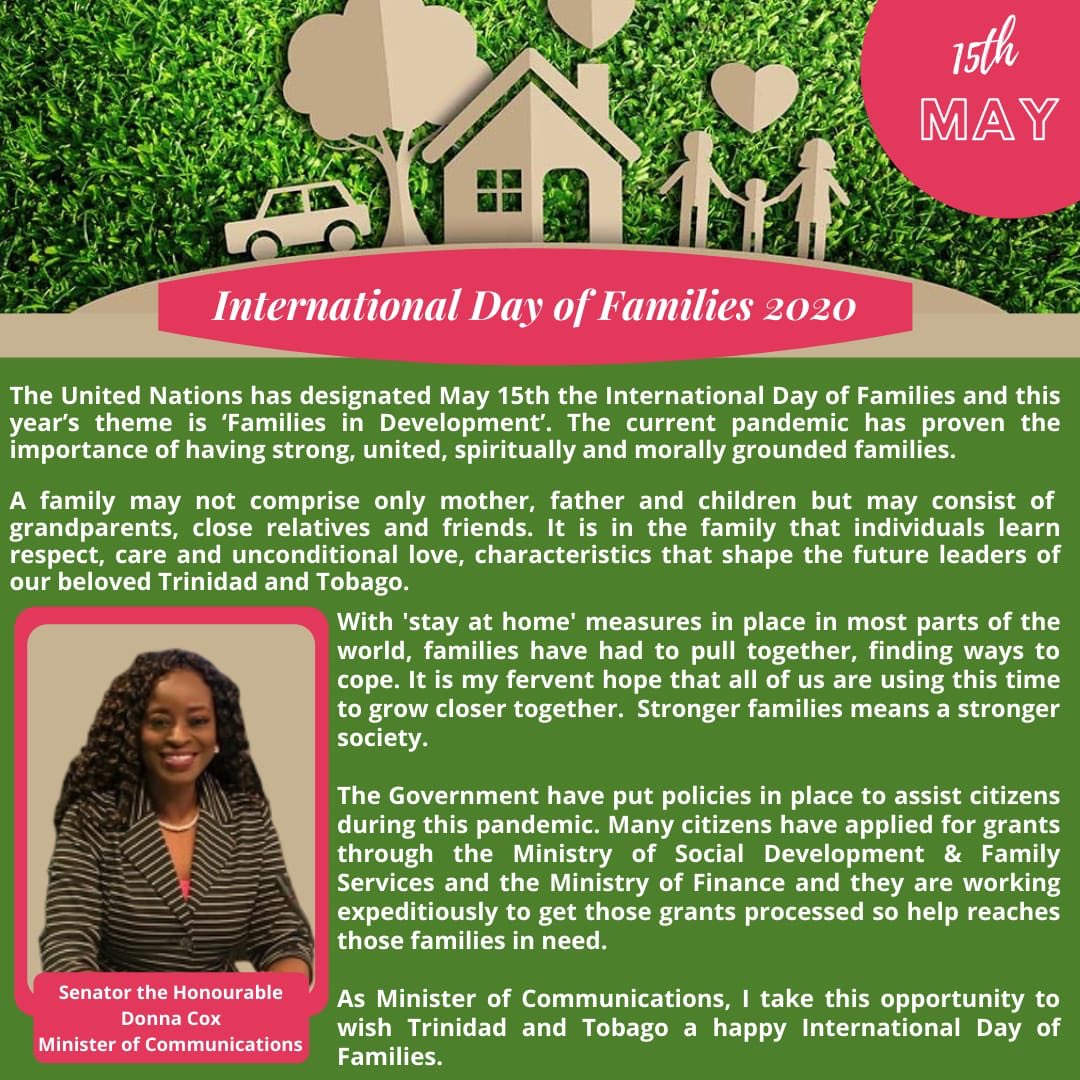ttgovcomms's tweet photo. International Day of Families 2020

A message from the Minister of Communications, Senator the Honourable Donna Cox. 

#FamiliesInDevelopment #FamilyDay #NewNormal

@newsgovtt @tttliveonline @NALISTT https://t.co/qNEUYdCwuN