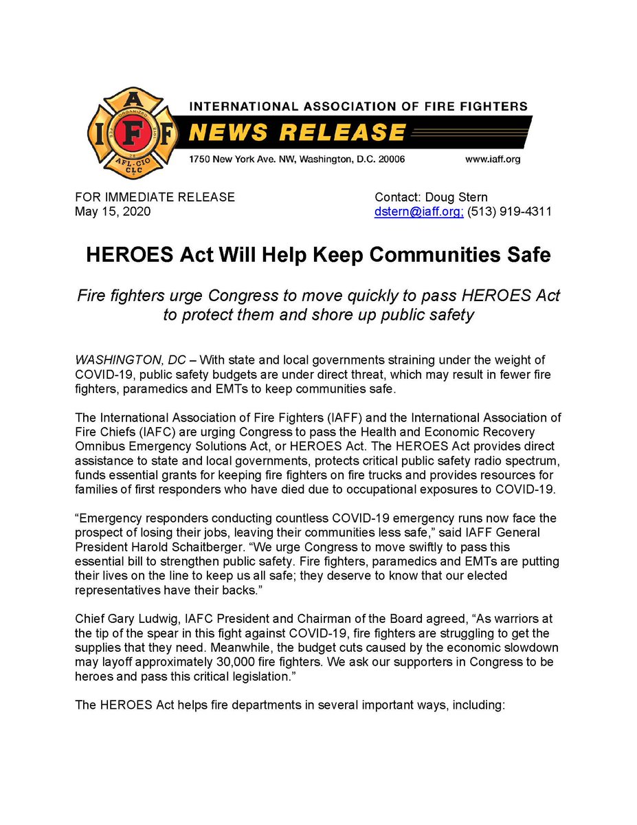 IAFFofficial's tweet photo. The #IAFF urges Congress to move quickly to pass the #HeroesAct to help keep communities safe https://t.co/KfrvhTmH3k