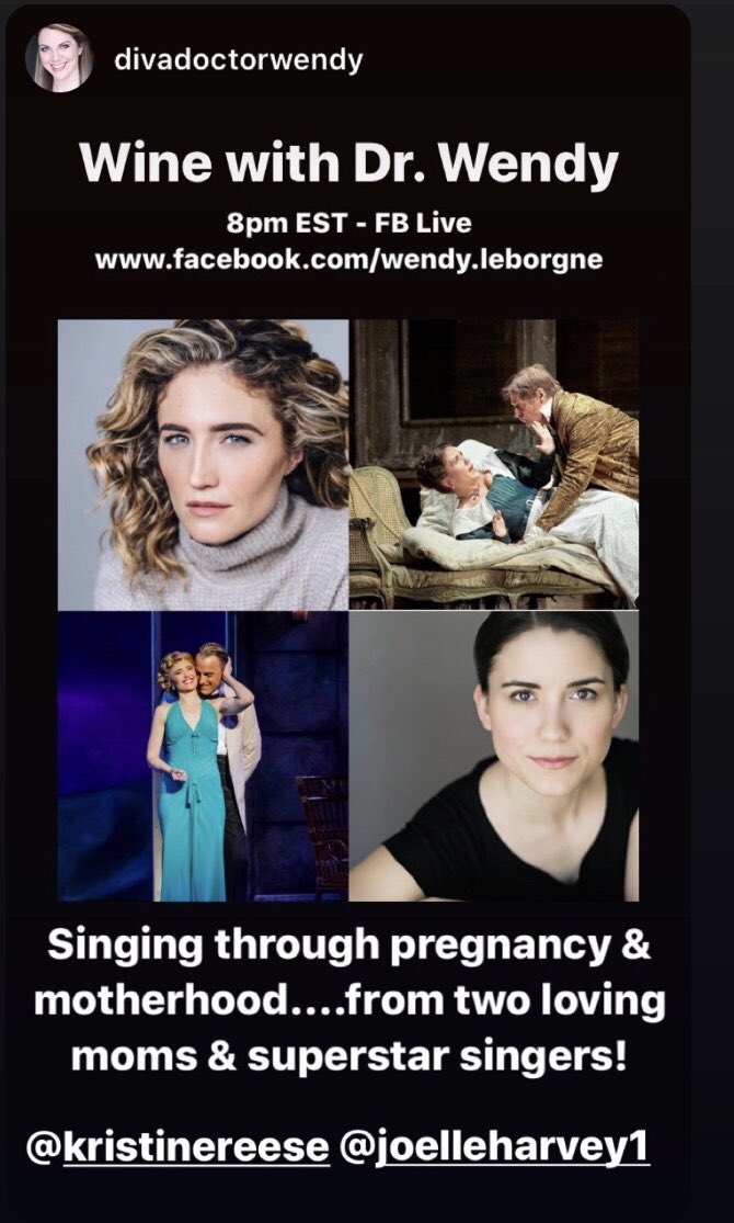 Tonight @ 8 pm I will be appearing in “Wine with Dr. Wendy” discussing singing/performing through pregnancy and motherhood! Feel free to join us with your wine/cocktail/mocktail!!