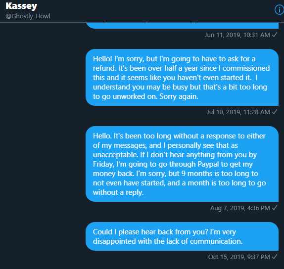 CerealsArt's tweet photo. @ghostlyscam @Ghostly_Howl @Mrs_Succubus I have also been scammed by her, ordered back in november 2018 and never got any updates, responses, etc. Heres the screenshots. I've also emailed her. https://t.co/42ctkpmc6W