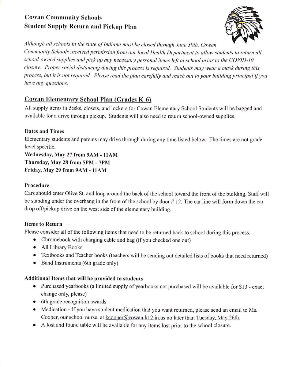 timbrowncfo's tweet photo. Cowan Community Schools will have a scheduled student supply return and pickup on May 27th, 28th, and 29th.  Please read the attached plan carefully as we safely close out the school year.  One more week of eLearning.  Finish strong! @CowanBlackhawks @ElementaryCowan https://t.co/ReaFm68weq