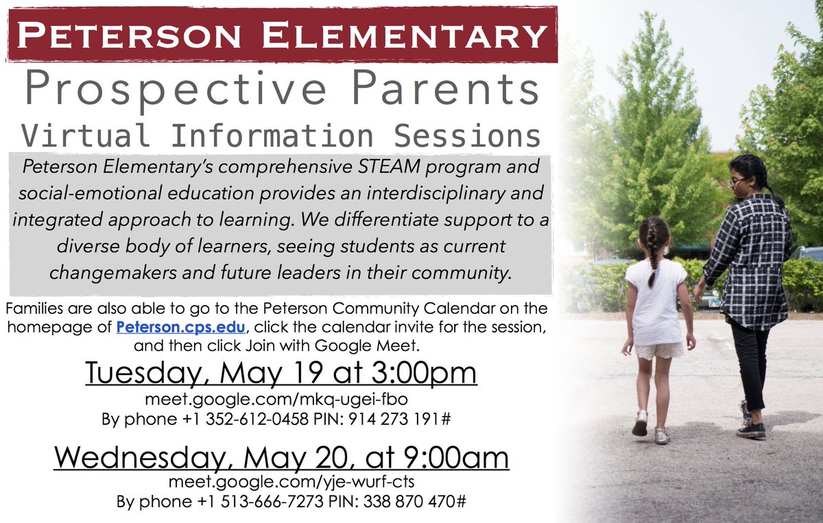 KatMHurley's tweet photo. Peterson is hosting #Virtual Prospective Parent Sessions! Even in a pandemic, we want to share how amazing Peterson is with you! We hope to see you on May 19th or May 20th! @MGPPrincipal #STEAM #SocialandEmotionLearning @Network1CPS https://t.co/J299jWxHty
