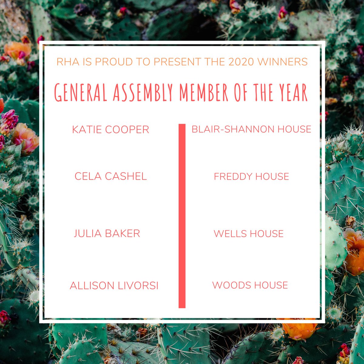 MoStateRHA's tweet photo. RHA is proud to present the 2020 hall council awards of Executive Board Member of the Year and General Assembly Member of the Year!!! Thank you all for a great year! https://t.co/f7EFluDDeT