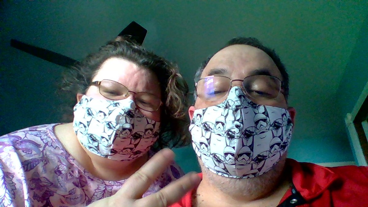 MomaMerry's tweet photo. @PatrickRothfuss @worldbuilders #saferathome #Tony4Wi Thank you Pat and Worldbuilders for the amazing masks! https://t.co/Usn7QDfWSr
