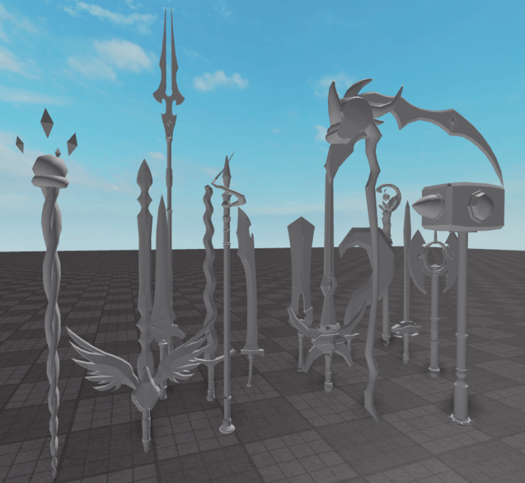 konoFilms's tweet photo. here's a sneak peak of our weapons that are going to be implemented for the ALPHA launch; i'm working on texturing them now! ⚔️

Join our Discord for more sneak peaks! :: 
https://t.co/6WN495ZeyX

#ROBLOX #RobloxDev https://t.co/04eiGz39eH