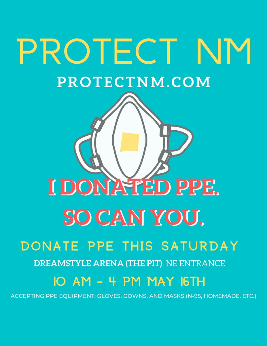 TODAY at 10 a.m. – 4p.m., <a href="/Protect_NM/">Protect NM</a> is hosting a donation drive for Personal Protective Equipment for frontline workers.

I’m grateful for these Community Champions who are stepping up for New Mexico – and hope you can stop by to donate supplies!

More info ⬇️