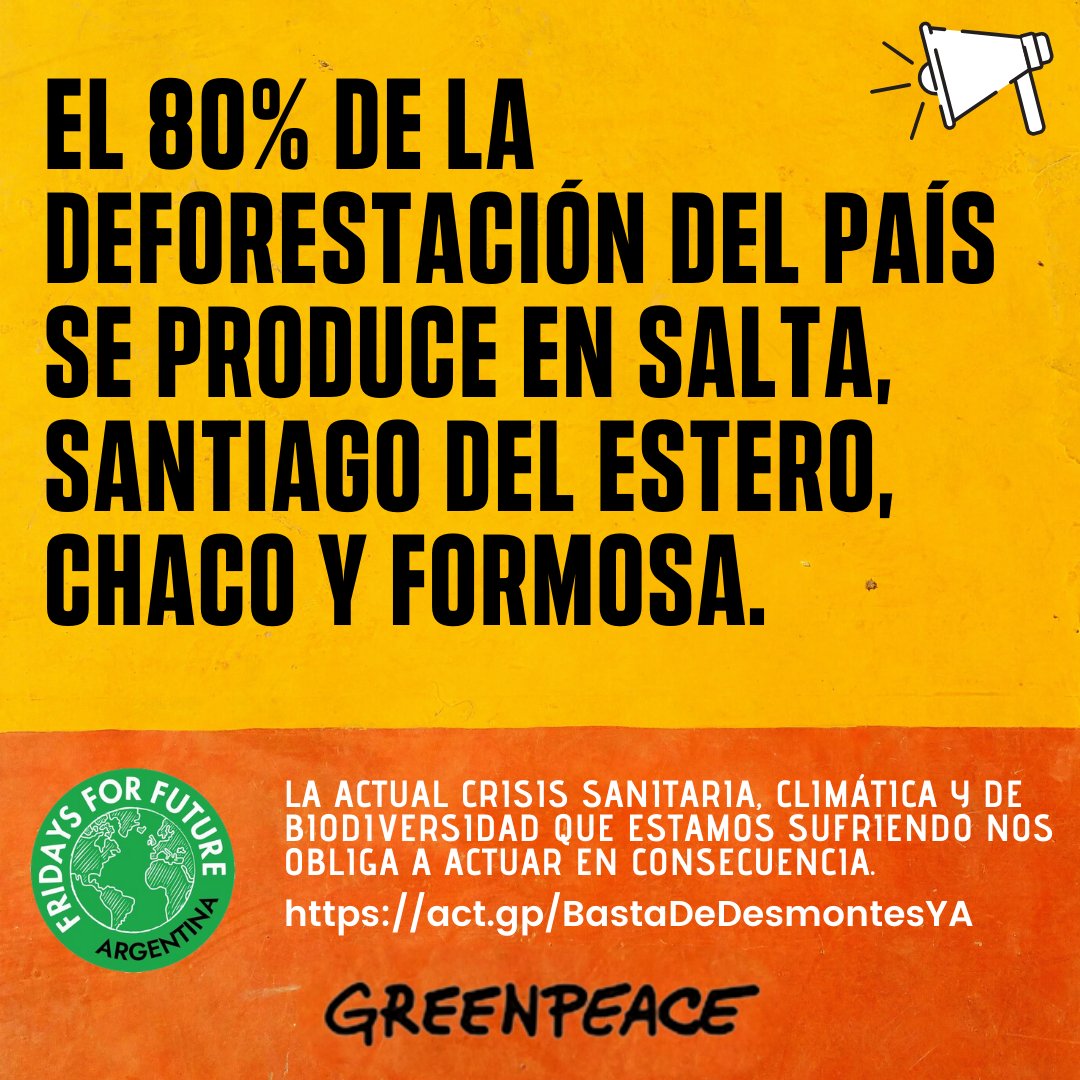FFFArgentina's tweet photo. El 80% de la deforestación de ARG se produce en Salta, Stgo del Estero, Chaco y Formosa
La principal causa de la pérdida de bosques es el avance de la frontera agropecuaria (ganadería y soja transgénica)
#BastaDeDesmontes #DestruirBosquesEsUnCrimen @GreenpeaceArg  @FFFArgentina https://t.co/2XwhwOmnCG
