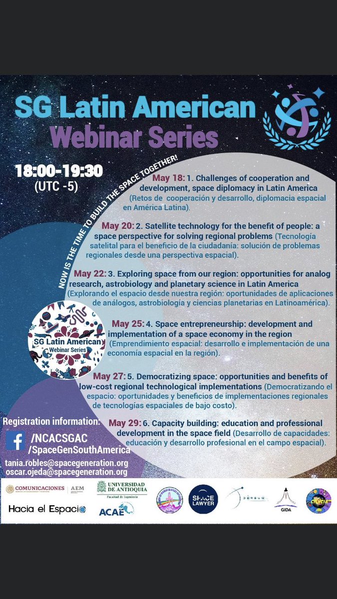 SWISE_CR's tweet image. SWISE se complace en invitarlxs a la serie de webinars organizados por SGAC. Tendremos sesiones con expertos y speakers del sector aeroespacial.

Las sesiones se llevaran a cabo el 18, 20, 22, 25, 27, y 29 de mayo.

¡El evento es gratuito! ¡Lxs esperamos!