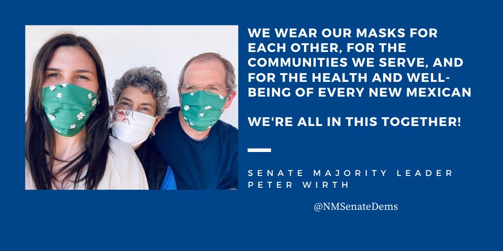 Wearing a mask protects vulnerable populations, healthcare workers, first responders, and your community. Sen. Maj. Leader Peter Wirth <a href="/senatorwirth/">Peter Wirth</a>, Santa Fe City Councilor Carol Romero-Wirth <a href="/RomeroWirth/">Carol Romero-Wirth</a>, and daughter <a href="/elenatwirth/">Elena Torres Wirth</a> wear them for every New Mexican 
#AllTogetherNM